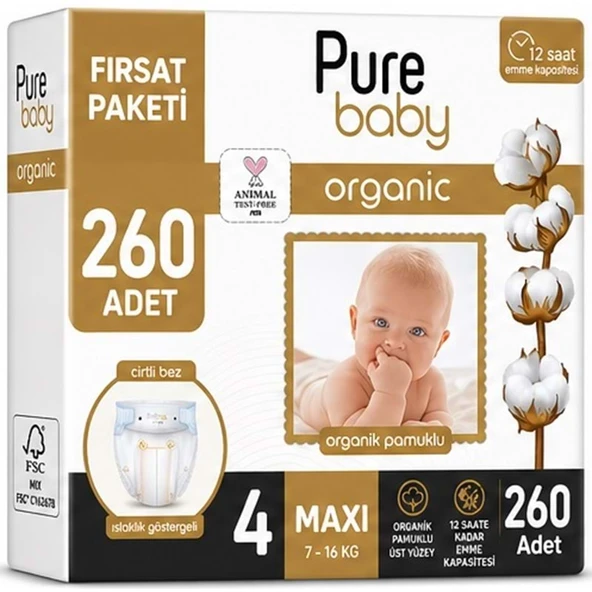 Pure Baby Organik Bebek Bezi 4 Beden 7-16 KG Maxi 260 Adet Mega Fırsat Pk ürün görseli 1