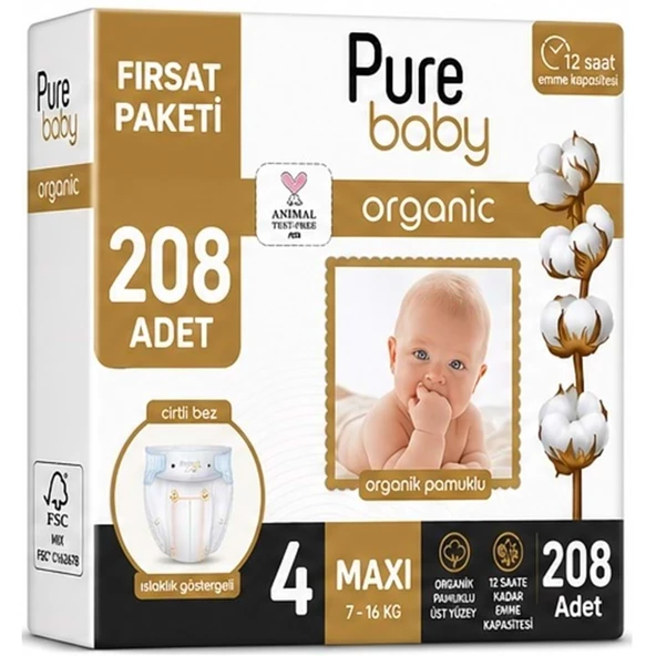 Pure Baby Organik Bebek Bezi 4 Beden 7-16 KG Maxi 208 Adet Avantaj Fırsat Pk ürün görseli 1