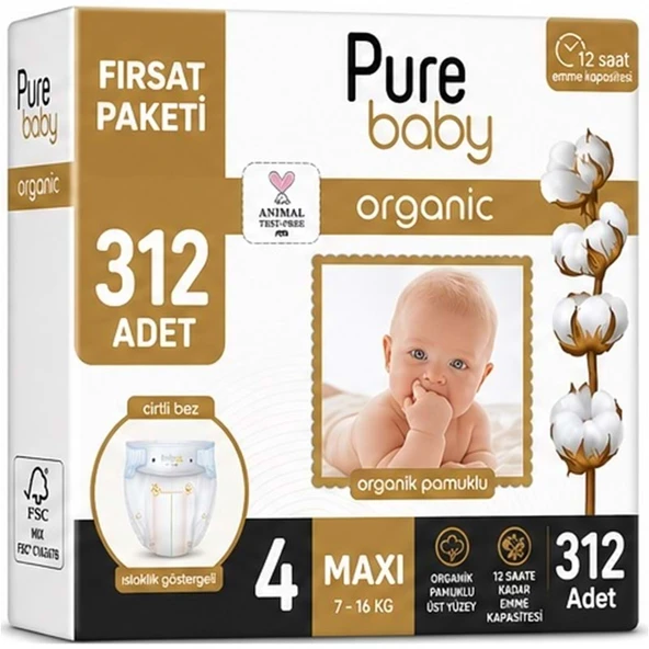 Pure Baby Organik Bebek Bezi 4 Beden 7-16 KG Maxi 312 Adet Ekstra Fırsat Pk ürün görseli 1