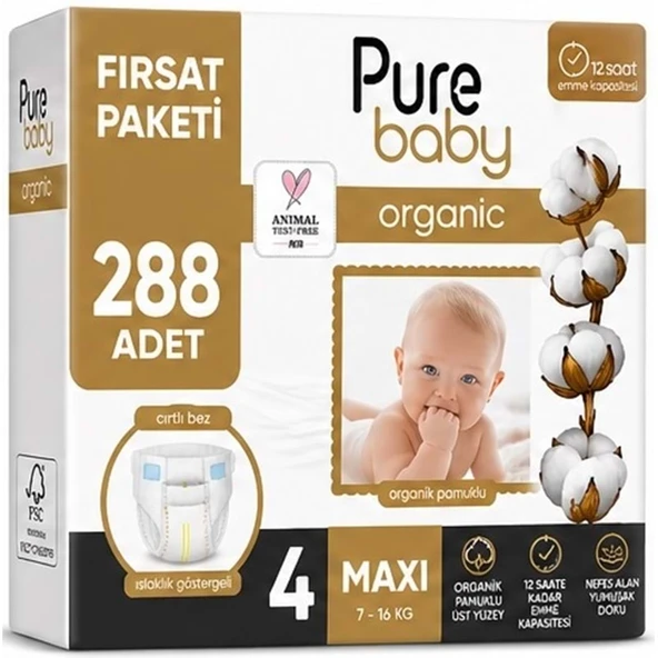 Pure Baby Organik Bebek Bezi 4 Beden 7-16 KG Maxi 288 Adet Ekstra Fırsat Pk ürün görseli 1