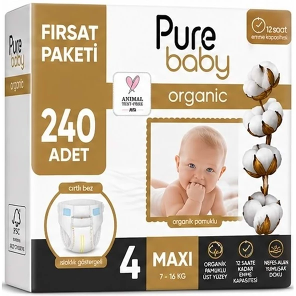 Pure Baby Organik Bebek Bezi 4 Beden 7-16 KG Maxi 240 Adet Mega Fırsat Pk ürün görseli 1
