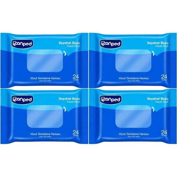 Canped Yetişkin Vücut Temizleme Islak Mendil Havlu 24 Yaprak Seyahat Boy 4 Lü Set (96 Yaprak) ürün görseli 1