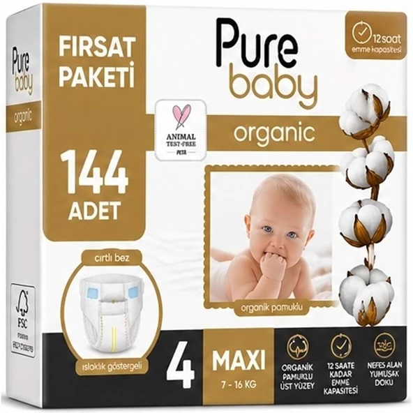 Pure Baby Organik Bebek Bezi 4 Beden 7-16 KG Maxi 144 Adet Aylık Fırsat Pk ürün görseli 1
