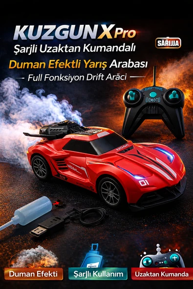 KUZGUN X Pro Kırmızı Şarjlı Uzaktan Kumandalı Duman Efektli Yarış Arabası Full Fonksiyon Drift Aracı ürün görseli 1