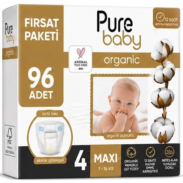 Pure Baby Organik Bebek Bezi 4 Beden 7-16 KG Maxi 96 Adet Ekonomik Fırsat Pk ürün görseli 1