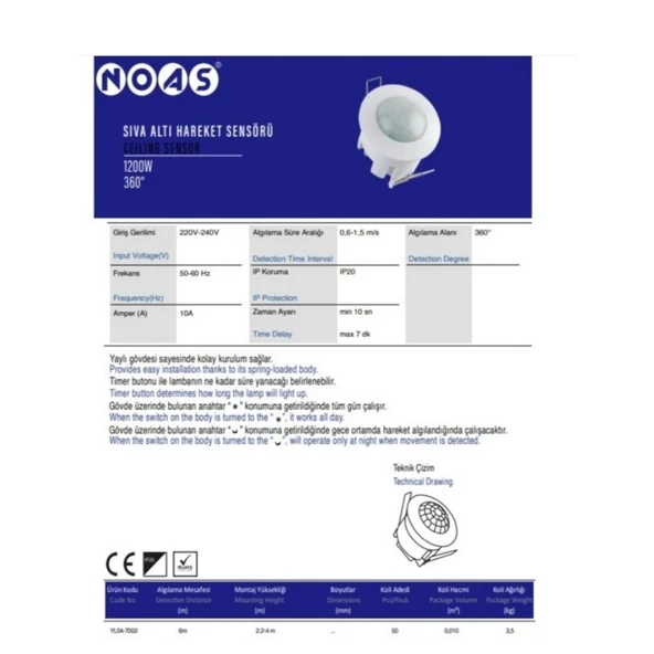 Noas YL04-7002 Sıva Altı Hareket Sensörü 360° - Resim 2