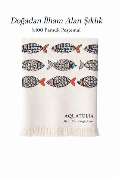 Büyük Balıklı Peştemal - %100 Pamuk- 100x180- Aquatolia - Peştemal- Plaj Havlusu- Balık Desen Ekru ürün görseli 1