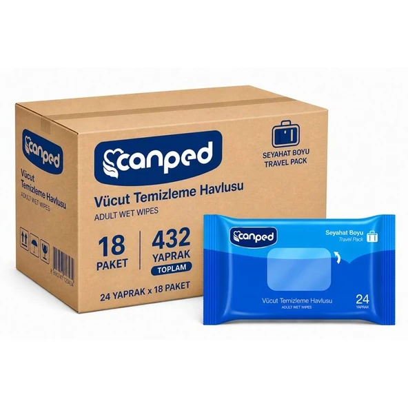 Canped Yetişkin Vücut Temizleme Islak Mendil Havlu 24 Yaprak Seyahat Boy 18 Li Set  (432 Yaprak) ürün görseli 1