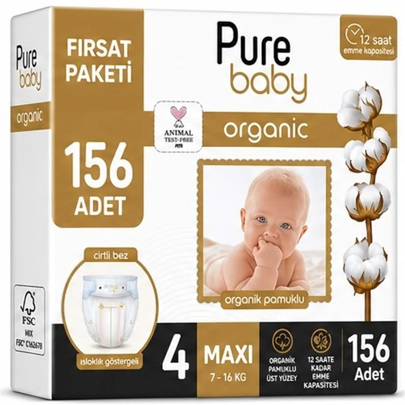 Pure Baby Organik Bebek Bezi 4 Beden 7-16 KG Maxi 156 Adet Aylık Fırsat Pk ürün görseli 1