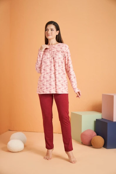 Gd Goldoremi Premium Kadın Rahat Kesim Yuvarlak Yaka Çiçek Desenli Düğmeli Uzun Kollu Pijama Takım ürün görseli 1