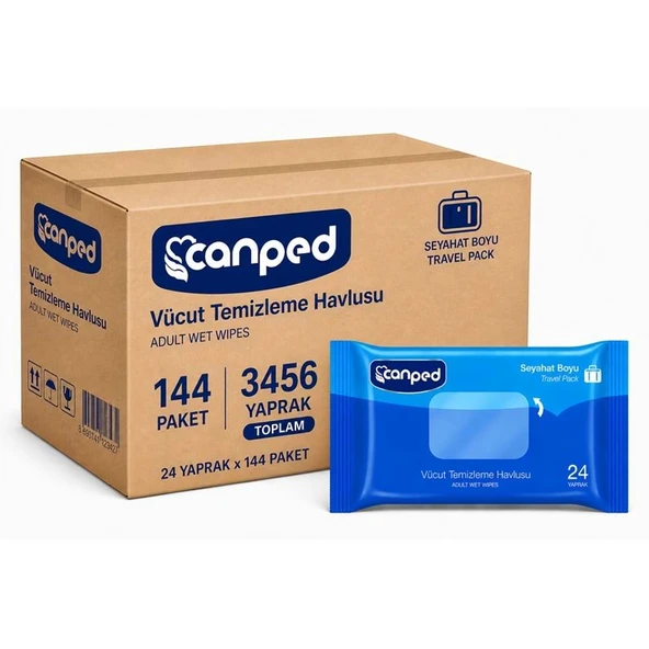 Canped Yetişkin Vücut Temizleme Islak Mendil Havlu 24 Yaprak Seyahat Boy 144 Lü Set  (3456 Yaprak) ürün görseli 1