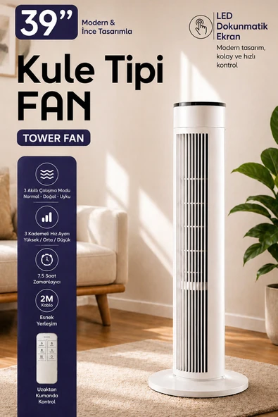 Uzaktan kumandalı Kule Tipi Fan 39" 45W | 3 Rüzgar Modlu | LED Dokunmatik Ekran Vantilatör Tower Fan ürün görseli 1