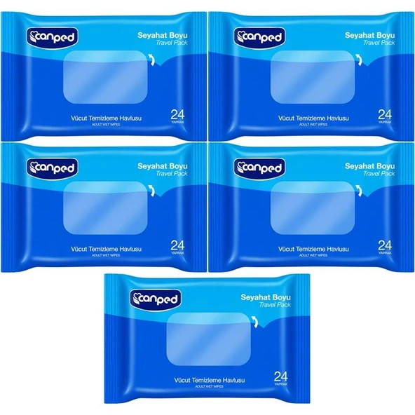 Canped Yetişkin Vücut Temizleme Islak Mendil Havlu 24 Yaprak Seyahat Boy 5 Li Set (120 Yaprak) ürün görseli 1