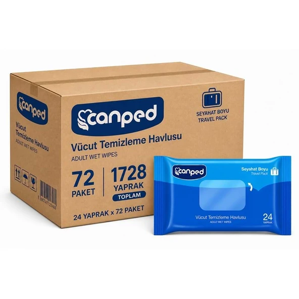 Canped Yetişkin Vücut Temizleme Islak Mendil Havlu 24 Yaprak Seyahat Boy 72 Li Set  (1728 Yaprak) ürün görseli 1