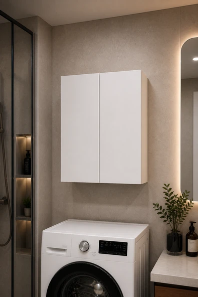 3 Raflı Çok Amaçlı Banyo Dolabı Mat Beyaz MDF Lam 69x55x25 cm Yavaşlatıcılı Kapaklı Duvar Dolabı ürün görseli 1