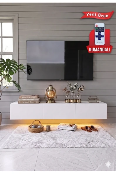 Pureline Tech Led Işıklı TV Ünitesi 180 cm - Modern TV Sehpası - Beyaz ürün görseli 1