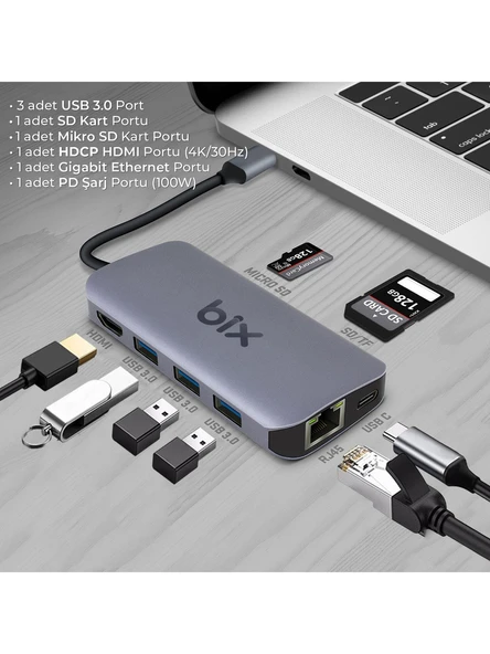 Bix BX10HB Type-C to 4K HDMI 3 USB-A Gigabit Ethernet PD 100W SD ve Micro SD Kart Okuyucu Çoklayıcı Hub ürün görseli 1