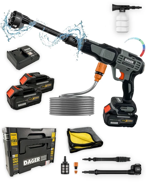 Dager AQUA FORCE 21V Kömürsüz Şarjlı Yüksek Basınçlı Yıkama Makinesi Seti, Çift 4.0 Ah Akü + Köpük Haznesi + Mikrofiber Havlu - 70 Bar ürün görseli 1