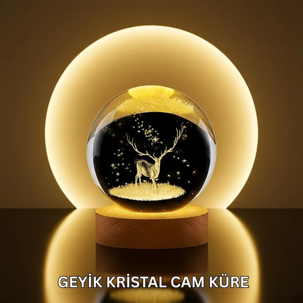 Doğal Ahşap Standlı Geyik Figürlü Kristal Küre Led Dekoratif Lamba ürün görseli 1