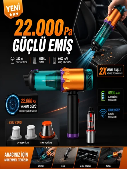 22000Pa 220W Ultra Güçlü 9000mAh Kablosuz Araç İçi Süpürge Metal Filtreli 220ml Şarjlı Mini ürün görseli 1