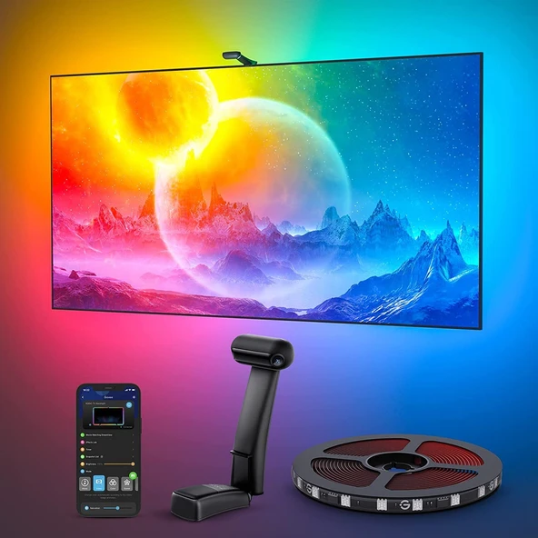 75-85 inç TV'ler ve PC için çift kameralı Govee Envisual TV arka ışığı T2, dekorasyon için Alexa ve Google Assistant çift ışık boncuklarıyla uyumlu RGBIC WiFi LED şerit ürün görseli 1