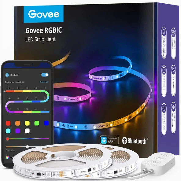 Govee LED şerit, RGBIC LED şerit 20m, müzik senkronizasyonu, segment kontrolü, renk değişimi, 64 sahne modu, uygulama aracılığıyla kontrol edilebilir, parti, ev, yatak odası, TV için, 2 rulo 10M ürün görseli 1