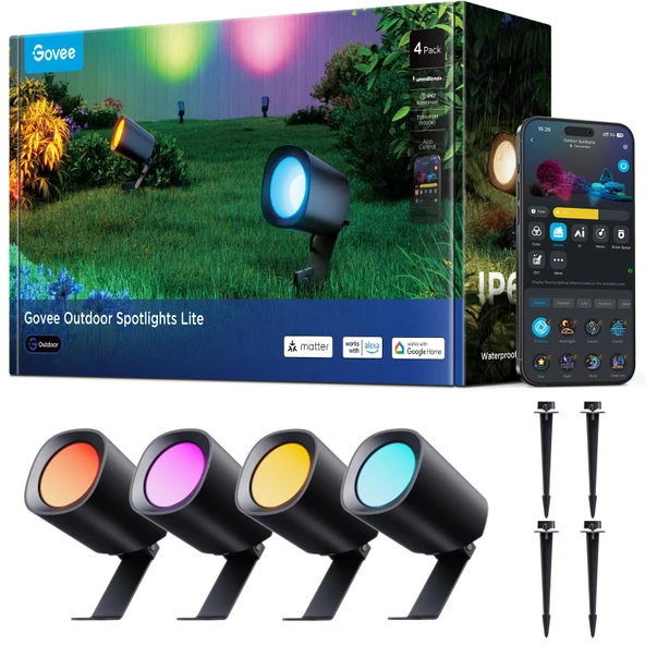 Govee Dış Mekan LED spot ışığı Lite, IP67 plastik bahçe aydınlatması, yol için RGBWIC dış mekan spot ışığı, 64 mod ve 16 milyon renk ile Dimbar 350lm, Google Assistant, Matter ile çalışır. 4 paket ürün görseli 1