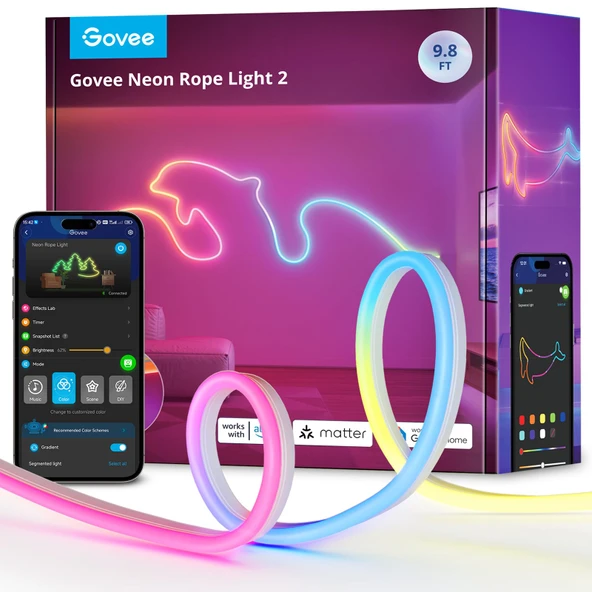 Govee Neon Halat Işık 2, RGBIC Neon LED Şerit 3m, Şekil Haritalamalı, DIY Tasarımı, SmartThings ile uyumlu, Matter, Alexa ve Google Assistant, Yatak Odası Oyun Duvar Dekorasyonu için, Beyaz ürün görseli 1
