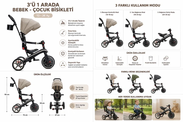 Globber Explorer 4in1 Katlanabilir Bisiklet Koyu Bej ürün görseli 1