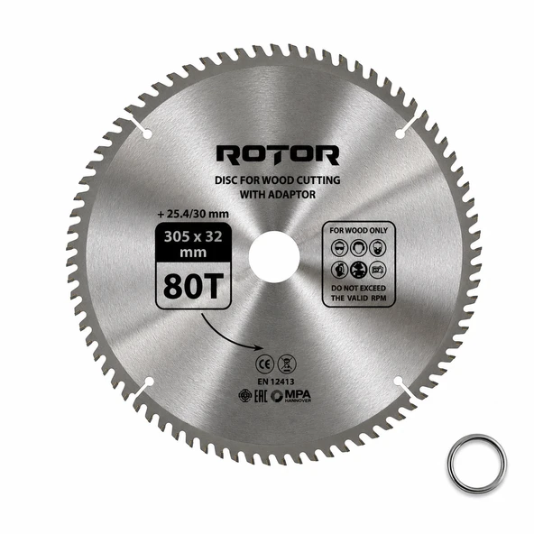 Daire Testere Bıçağı 305x32/25,4 mm 80T – Ahşap Kesim (Gönye ve Tezgah Tipi Testere) Adaptörlü ürün görseli 1