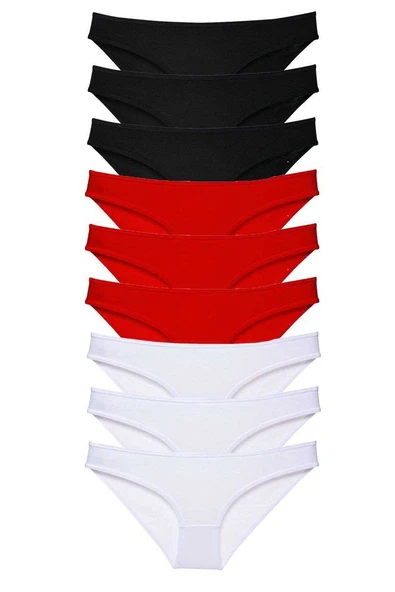 9 adet Süper Eko Set Likralı Kadın Slip Külot Siyah Kırmızı Beyaz mudanis ürün görseli 1
