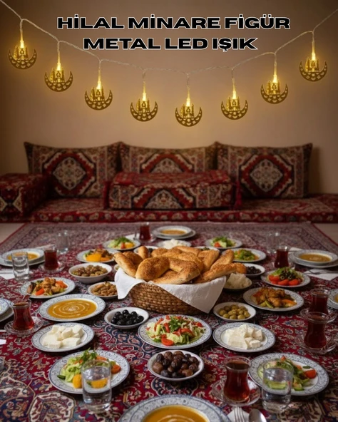 Pilli Minareli Hilal Led Işık Gold Metal Ramazan Dekorasyonu ürün görseli 1