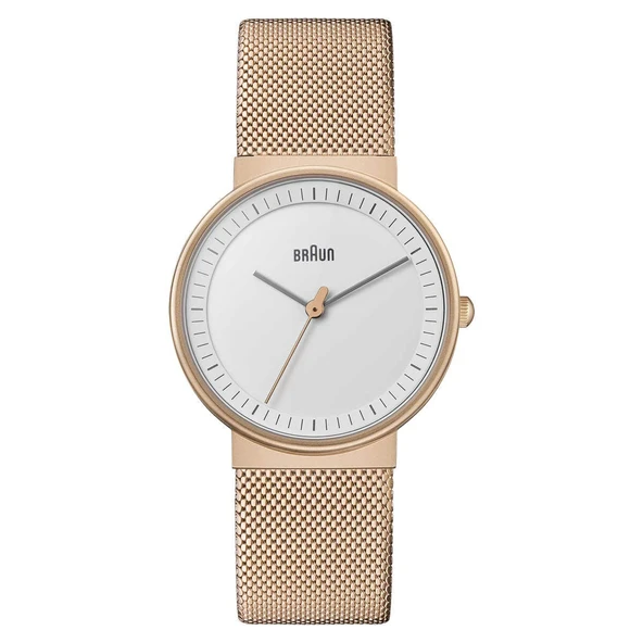 Braun Bayan 3 İbreli Analog Kuvars Saat, Beyaz Kadran ve Pembe Altın Milanese Örgü Kayış, 33 mm Pembe Altın Kasa, Model BN0031RGMHL. ürün görseli 1