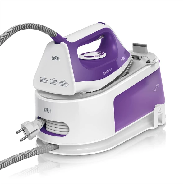 Braun CareStyle 1 IS 1014 VI buharlı ütü istasyonu, SuperCeramic taban, 3 termostat ayarı, dikey buhar fonksiyonu, Easy CalcClean, şok buhar 360 g/dk, 1,5 L su deposu, 2200 W, beyaz-mor ürün görseli 1