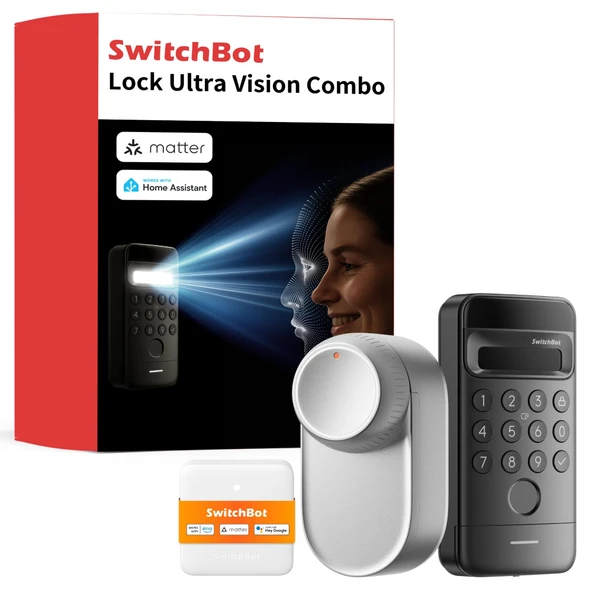 Keypad Vision özellikli SwitchBot WLAN Smart Lock Ultra, 3D yüz/parmak izi tanıma, şarj edilebilir pilli elektronik kapı kilidi, yüzle açılma, parmak izi, kod, Alexa, Matter desteği ürün görseli 1