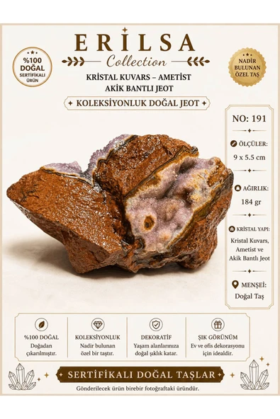 Sertifikalı Kristal Kuvars Ametist Akik Bantlı Jeot Koleksiyonluk Doğal Taş Dekoratif Obje NO 191 ürün görseli 1