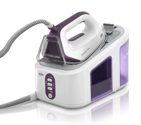 Braun CareStyle 3 Pro IS 3155 VI buharlı ütü istasyonu - FreeGlide-3D tabanlı buharlı ütü, 2400 watt, pompa basıncı 6,5 bar, şok buhar 430 g/dak, dikey buharlama, 2 l su deposu, mor ürün görseli 1