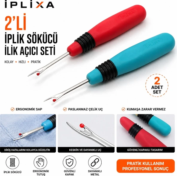 İplixa 2’li Iplik Sökücü Seti – Profesyonel Ilik Açıcı Dikiş Sökme Aparatı | Ergonomik Sap, Paslanma ürün görseli 1
