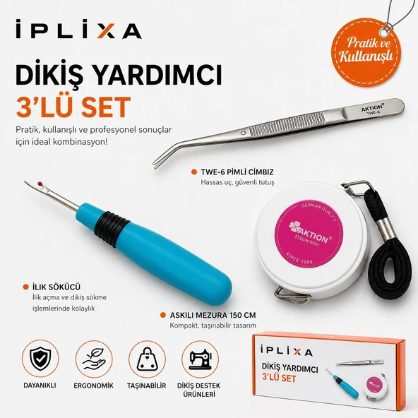 İplixa 3’lü Dikiş Seti (Kırmızı / Mavi) – Twe-6 Cımbız + Iplik Sökücü Ilik Açıcı + 150 cm Askılı Mez ürün görseli 1