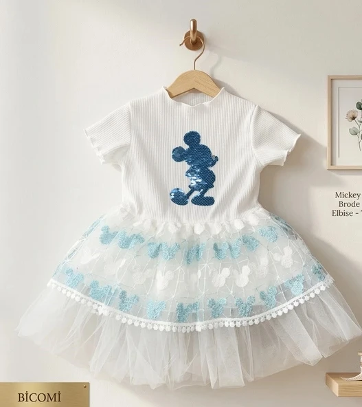Kız Bebek Mickey Baskılı Brode Etekli Pamuklu Konfor Elbise - Turkuaz ürün görseli 1