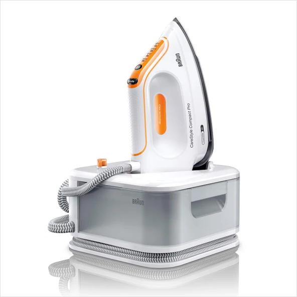 Braun CareStyle Compact Pro IS 2561 WH buharlı ütü istasyonu, FreeGlide 3D tabanlı buharlı ütü, dikey buhar, 2400 W, pompa basıncı 6 bar, şok buhar 400 g/dak, büyük 1,5 l su deposu, beyaz/turuncu ürün görseli 1