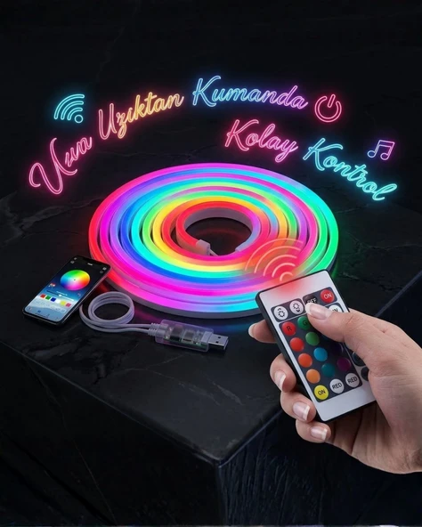 3 Metre Rgb Akıllı Neon Led Şerit Işık Telefon Ve Kumanda Kontrollü Ambiyans Aydınlatma ürün görseli 1
