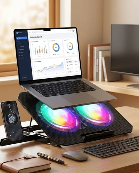 Çift Fanlı Laptop Soğutucu Rgb Işıklı Sessiz Notebook Standı ürün görseli 1