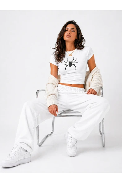 Kadın Baby Tee Crop Tişört Örümcek Baskılı Dark Aesthetic Slim Fit %100 Pamuk ürün görseli 1