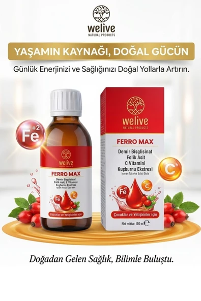 Welive Ferro Max Demir Şurubu 150 ml - Folik Asit, C Vitamini, Kuşburnu Ekstresi İçeren Takviye ürün görseli 1