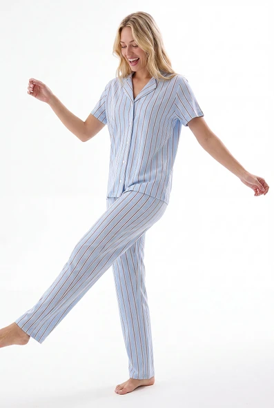 Mavi Kahverengi Çizgili Önden Düğmeli Pijama Takımı ürün görseli 1