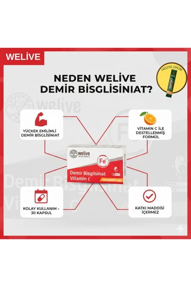 Welive Demir Bisglisinat + Vitamin C Takviye Edici Gıda – 30 Kapsül ürün görseli 1