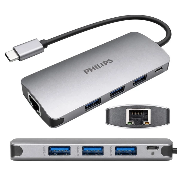 Philips SWR1607H/93 USB-C 5'İ 1 Arada Hub - RJ45 Ethernet + 3 Port USB 3.0 ürün görseli 1