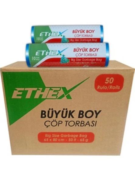 Ethex Büyük Boy Mavi Renk Çöp Torbası 50 Paket - 65x80 Cm ürün görseli 1