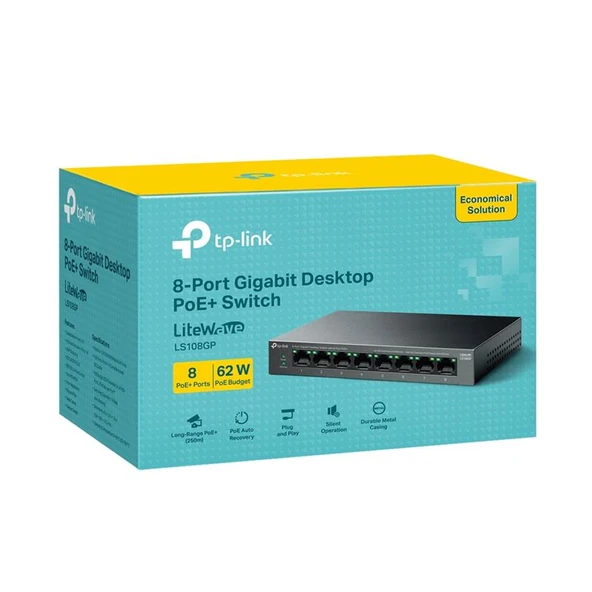 TP-LINK LS108GP 8 PORT GIGABIT + RJ45 62W 250 METRE POE MESAFE METAL KASA ürün görseli 1